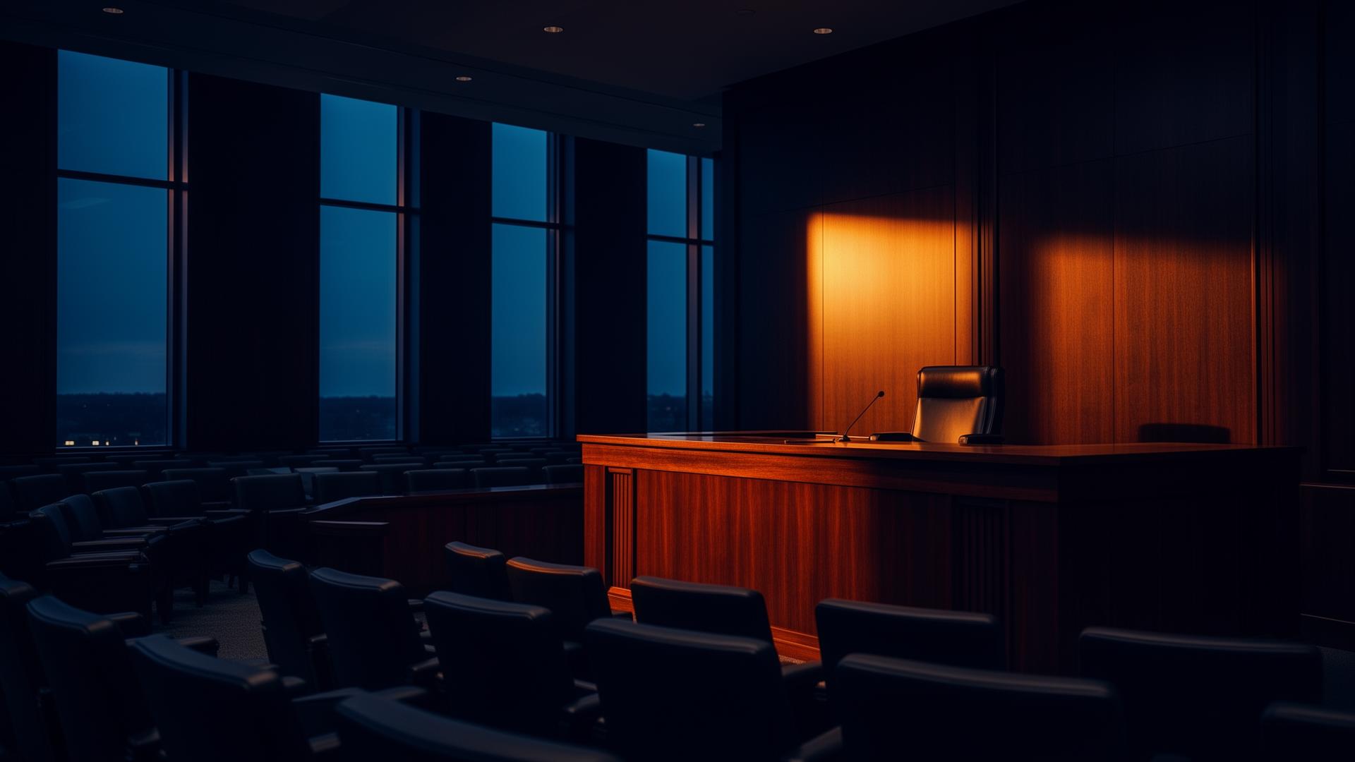Modern courtroom at dusk with warm light on the judge's bench